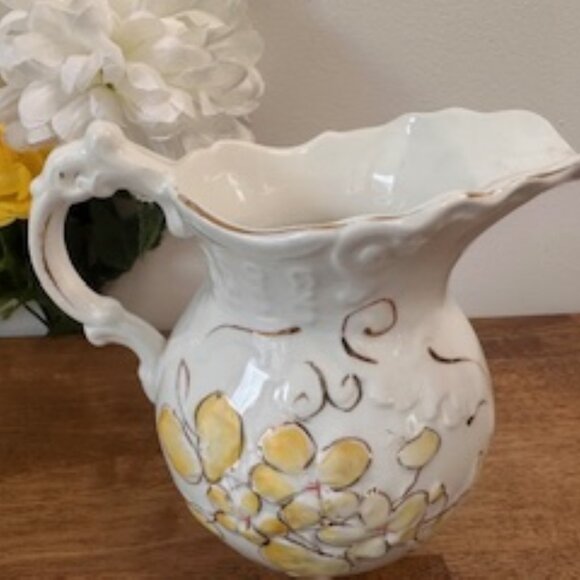 Wheeling Pottery Antique Pitcher White Embossed Floral Ruffled‎ Rim Vase Yellow - Picture 3 of 7